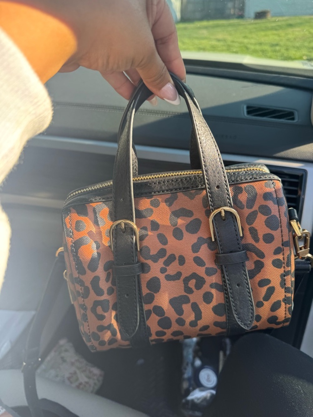 Fossil Leopard Print Mini Satchel Handbag - Brown/Black